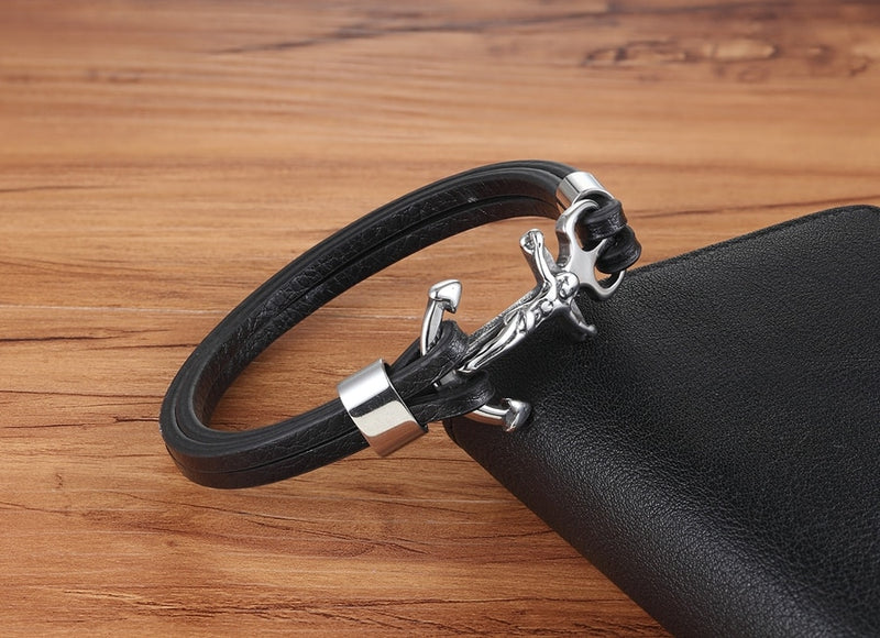 Christ Cross Anchor Hook Leather Bracelet