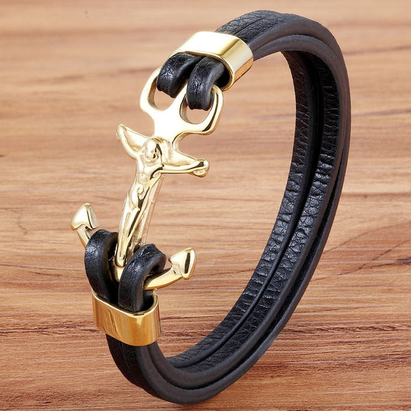 Christ Cross Anchor Hook Leather Bracelet