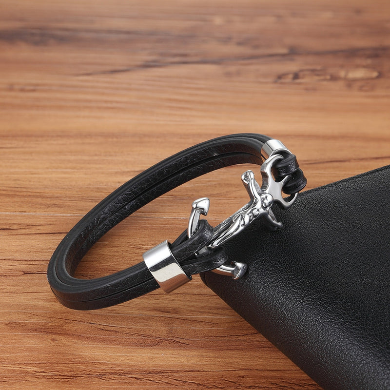 Christ Cross Anchor Hook Leather Bracelet