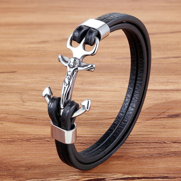 Christ Cross Anchor Hook Leather Bracelet