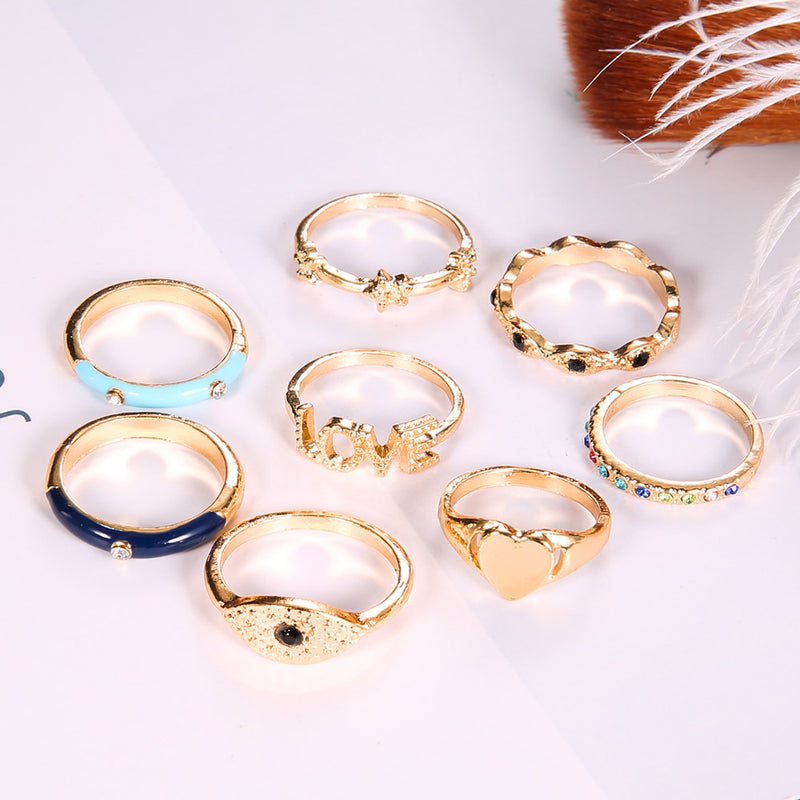 Bohemian  Eye Love Heart Star Crystal Rings 8 Pcs